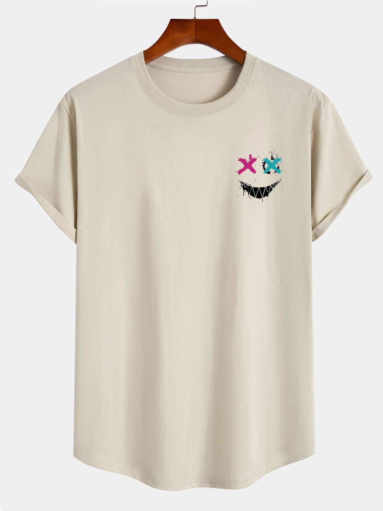 Evil Face Print Cotton Arc Hem T-Shirt