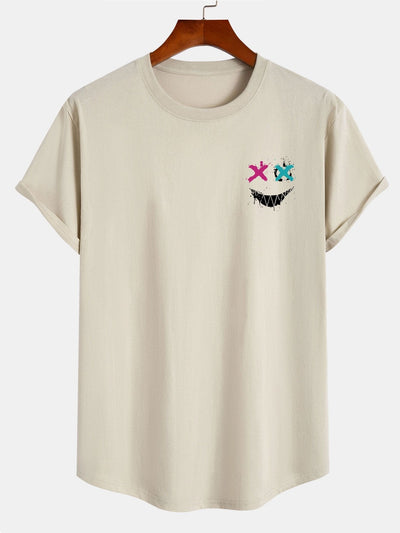 Evil Face Print Cotton Arc Hem T-Shirt