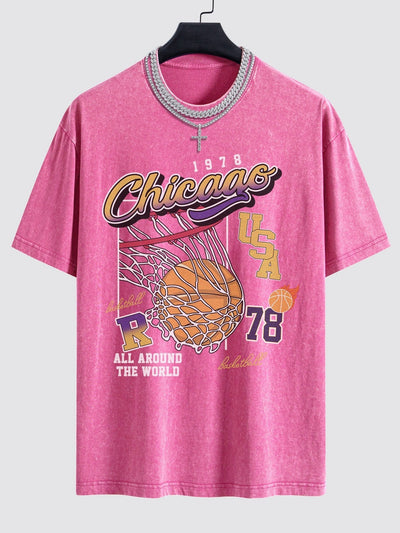 Chicago Basketball Print Washed Drop Shoulder Oversize T-Shirt