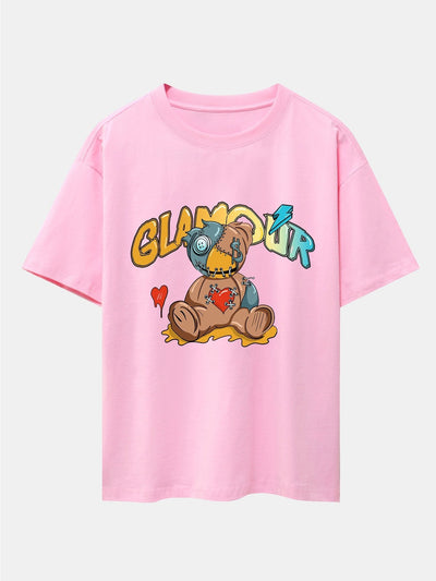 Patched Bear Print Drop Shoulder Oversize T-Shirt