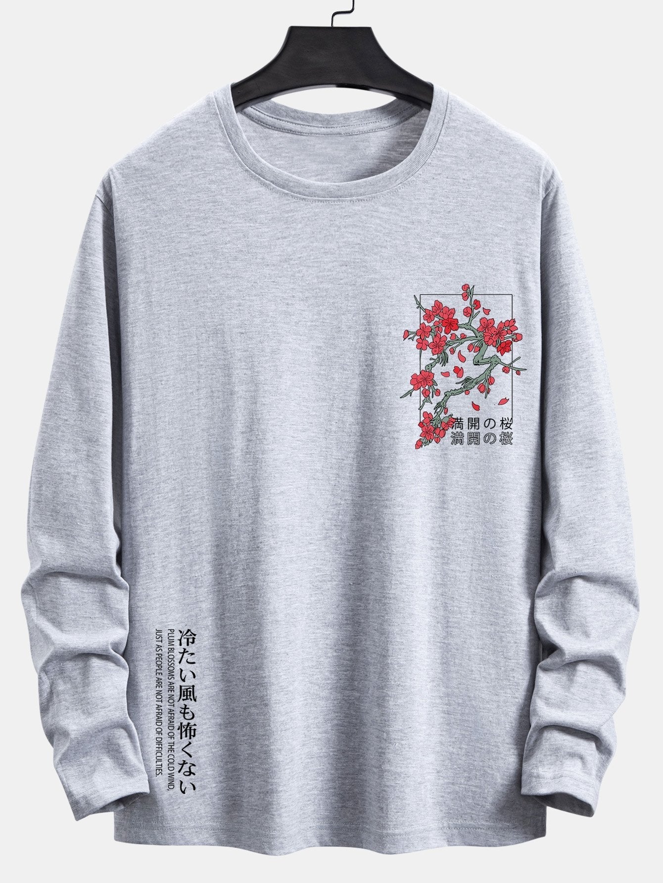 Long Sleeve Cherry Blossom Slogan Print Cotton T-Shirt