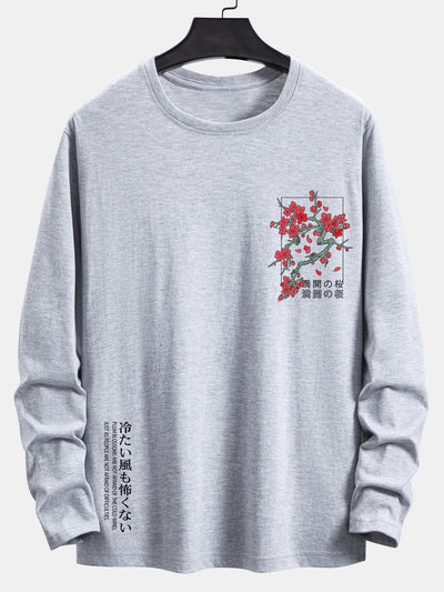 Long Sleeve Cherry Blossom Slogan Print Cotton T-Shirt