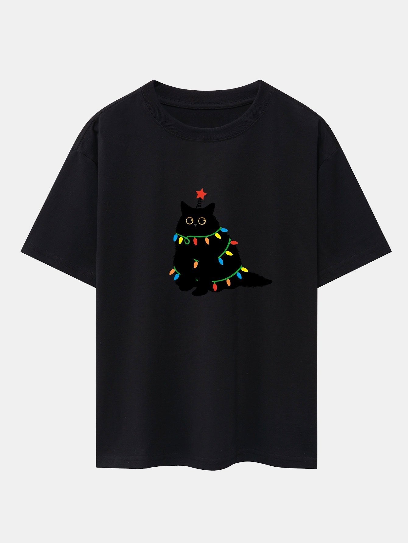 Christmas Lights Black Cat Print Drop Shoulder Oversize T-Shirt