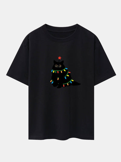 Christmas Lights Black Cat Print Drop Shoulder Oversize T-Shirt