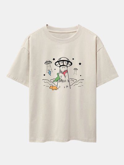 UFO Take Away Dinosaurs Print Drop Shoulder Oversize T-Shirt