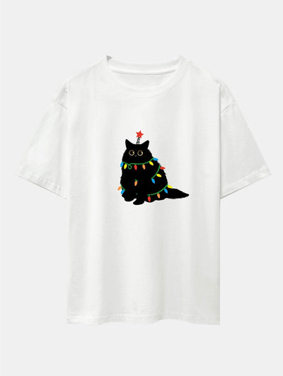 Christmas Lights Black Cat Print Drop Shoulder Oversize T-Shirt