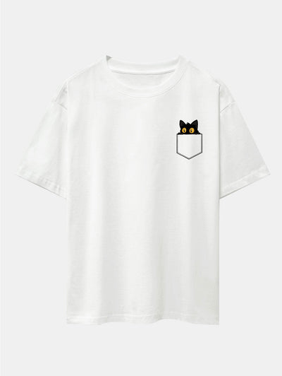 Pocket Black Cat Print Drop Shoulder Oversize T-Shirt