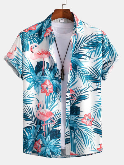 Flamingo Tropical Print Button Up Shirt