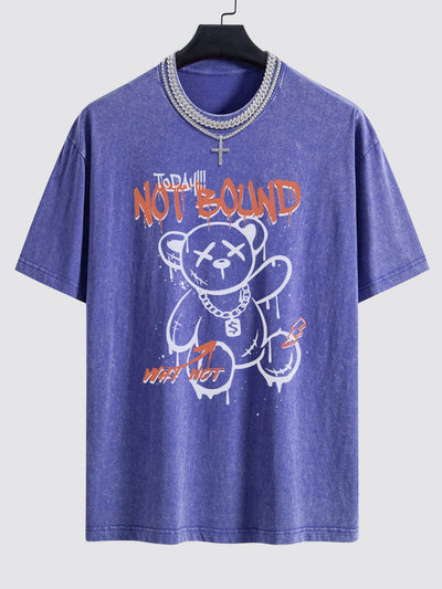 Slogan Graffiti Bear Print Washed Drop Shoulder Oversize T-Shirt