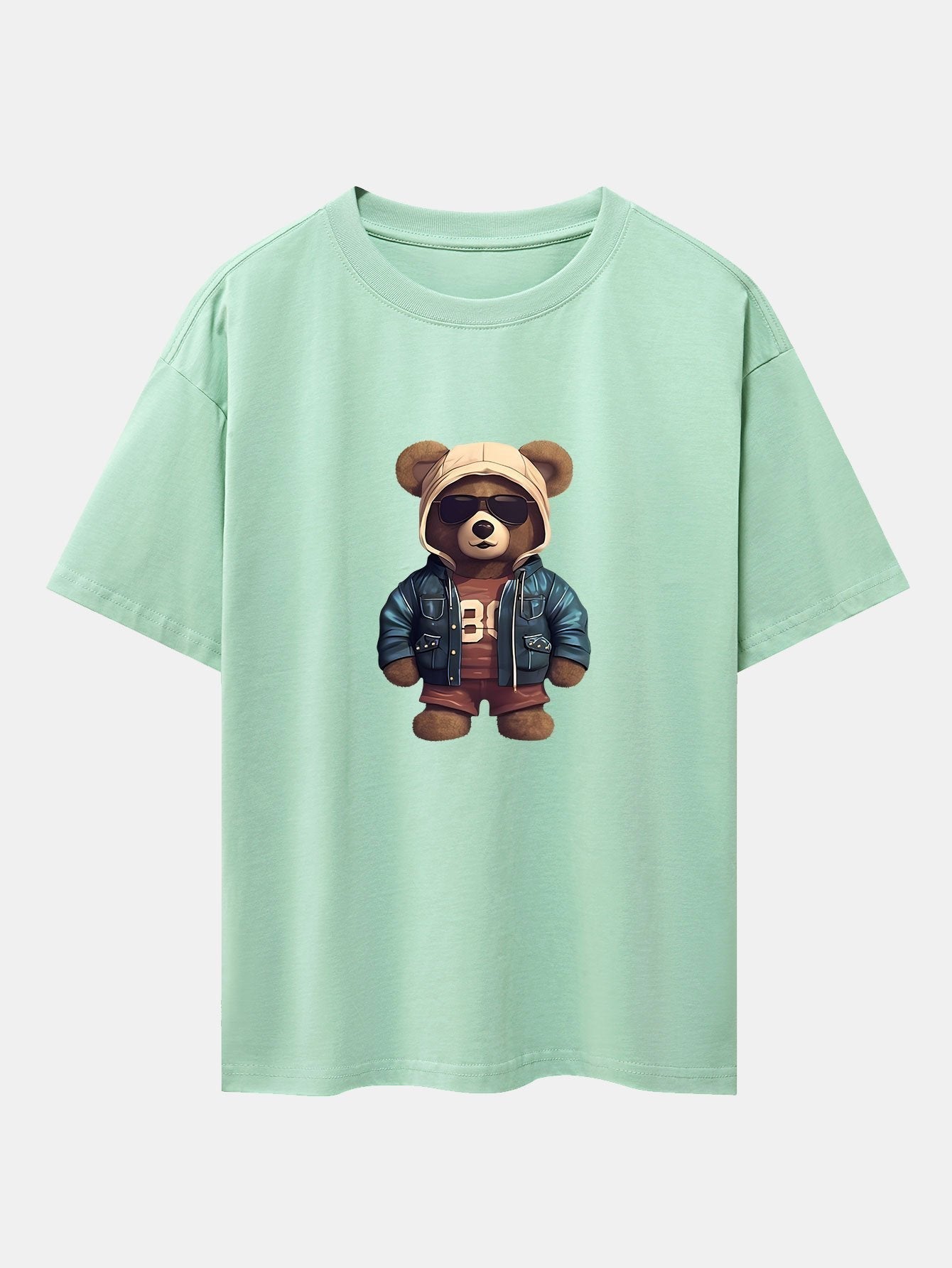 Bear In Leather Jacket Print Drop Shoulder Oversize T-Shirt