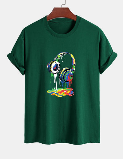 Regular Fit Dissolving Headphones Print Cotton T-Shirt