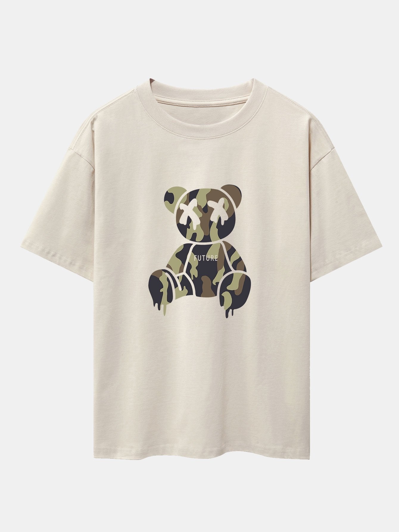 Camouflage Dissolving Bear Print Drop Shoulder Oversize T-Shirt