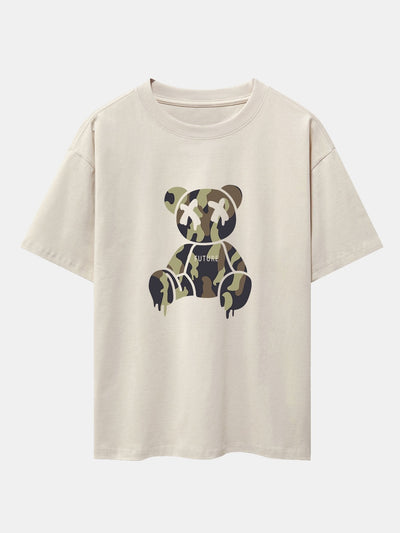 Camouflage Dissolving Bear Print Drop Shoulder Oversize T-Shirt