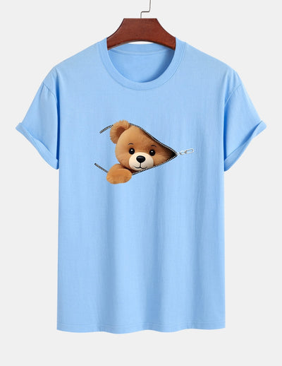 Regular Fit Zipper Bear Print Cotton T-Shirt