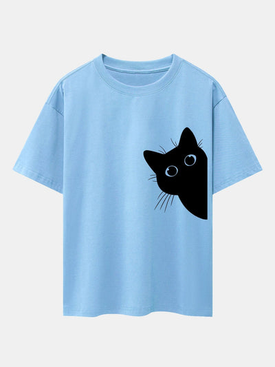 Black Cat Print Drop Shoulder Oversize T-Shirt
