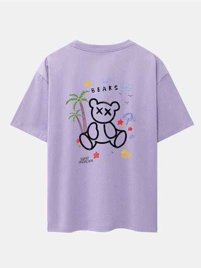 Bear On Vacation Print Drop Shoulder Oversize T-Shirt