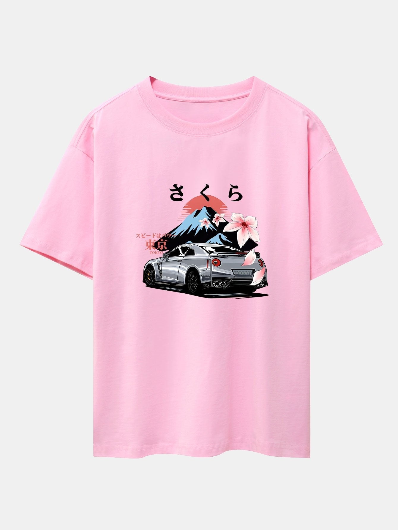 Tokyo Cherry Blossoms Car Print Drop Shoulder Oversize T-Shirt