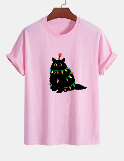 Regular Fit Colorful Light Black Cat Print Cotton T-Shirt