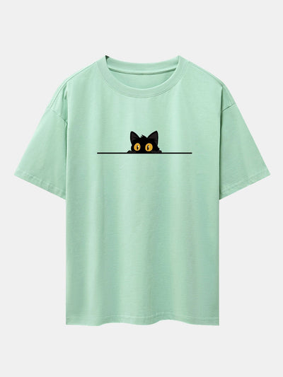 Black Cat Print Drop Shoulder Oversize T-Shirt