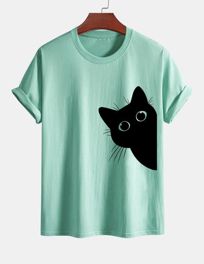 Regular Fit Black Cat Looking Out Print Cotton T-Shirt