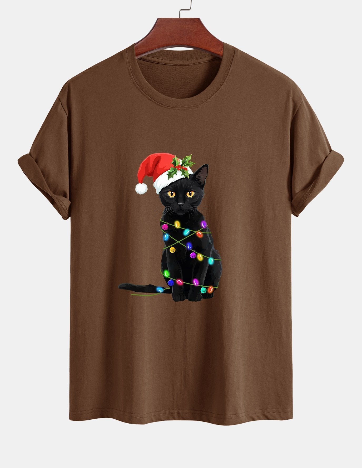 Regular Fit Christmas Lights Cat Print Cotton T-Shirt