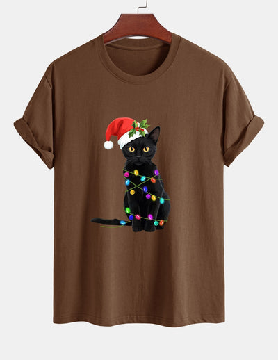 Regular Fit Christmas Lights Cat Print Cotton T-Shirt
