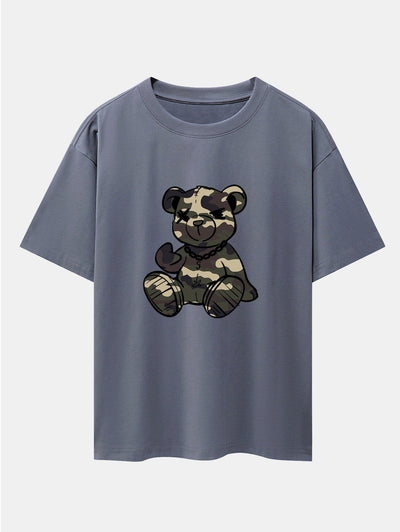 Camouflage Bear Print Drop Shoulder Oversize T-Shirt