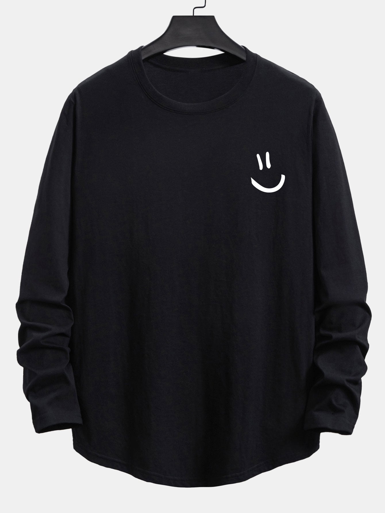 Long Sleeve Smiley Face Print Cotton Arc Hem T-Shirt