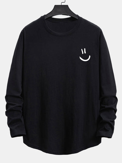 Long Sleeve Smiley Face Print Cotton Arc Hem T-Shirt