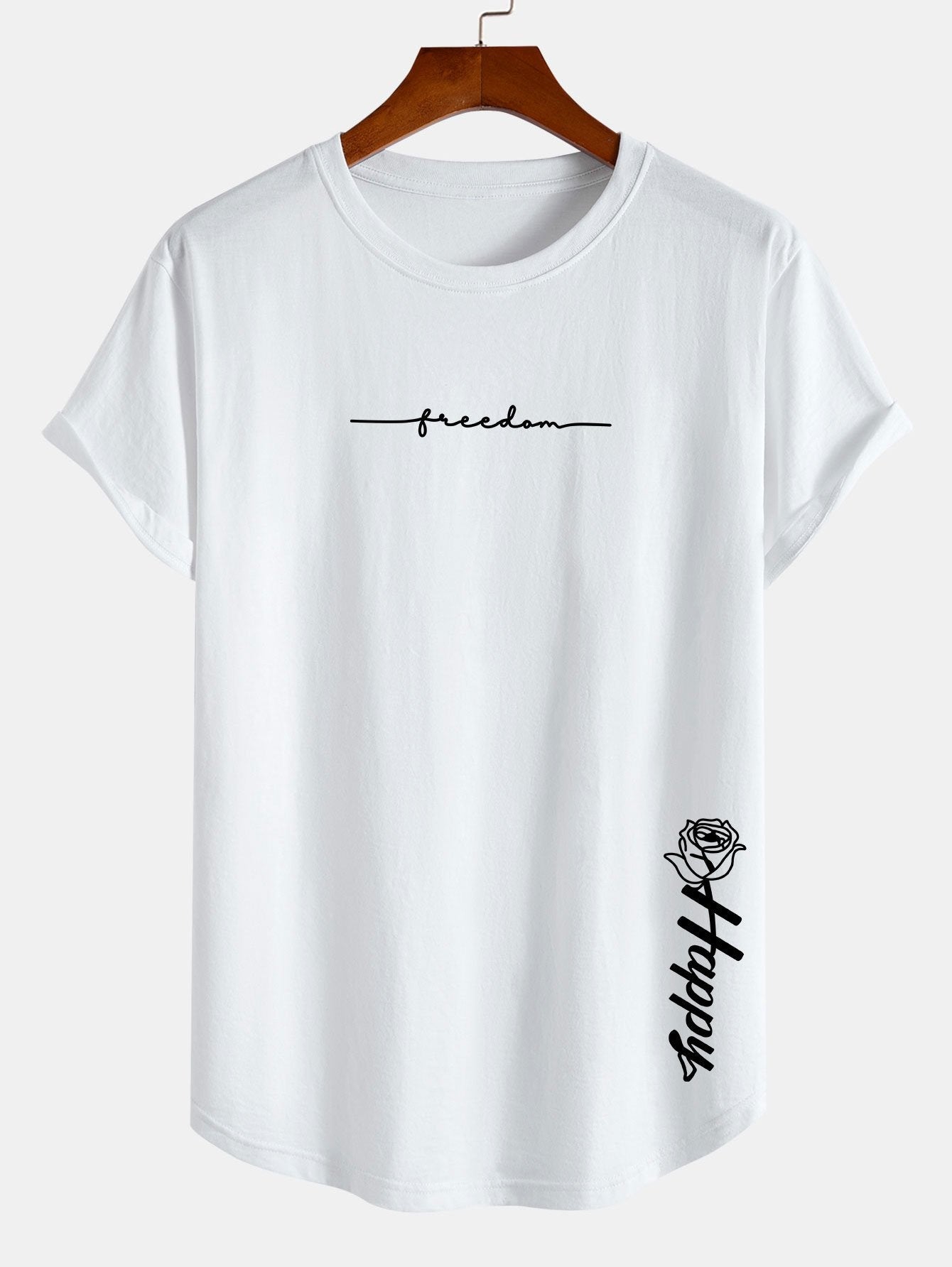 Rose With Slogan Print Cotton Arc Hem T-Shirt