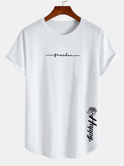 Rose With Slogan Print Cotton Arc Hem T-Shirt