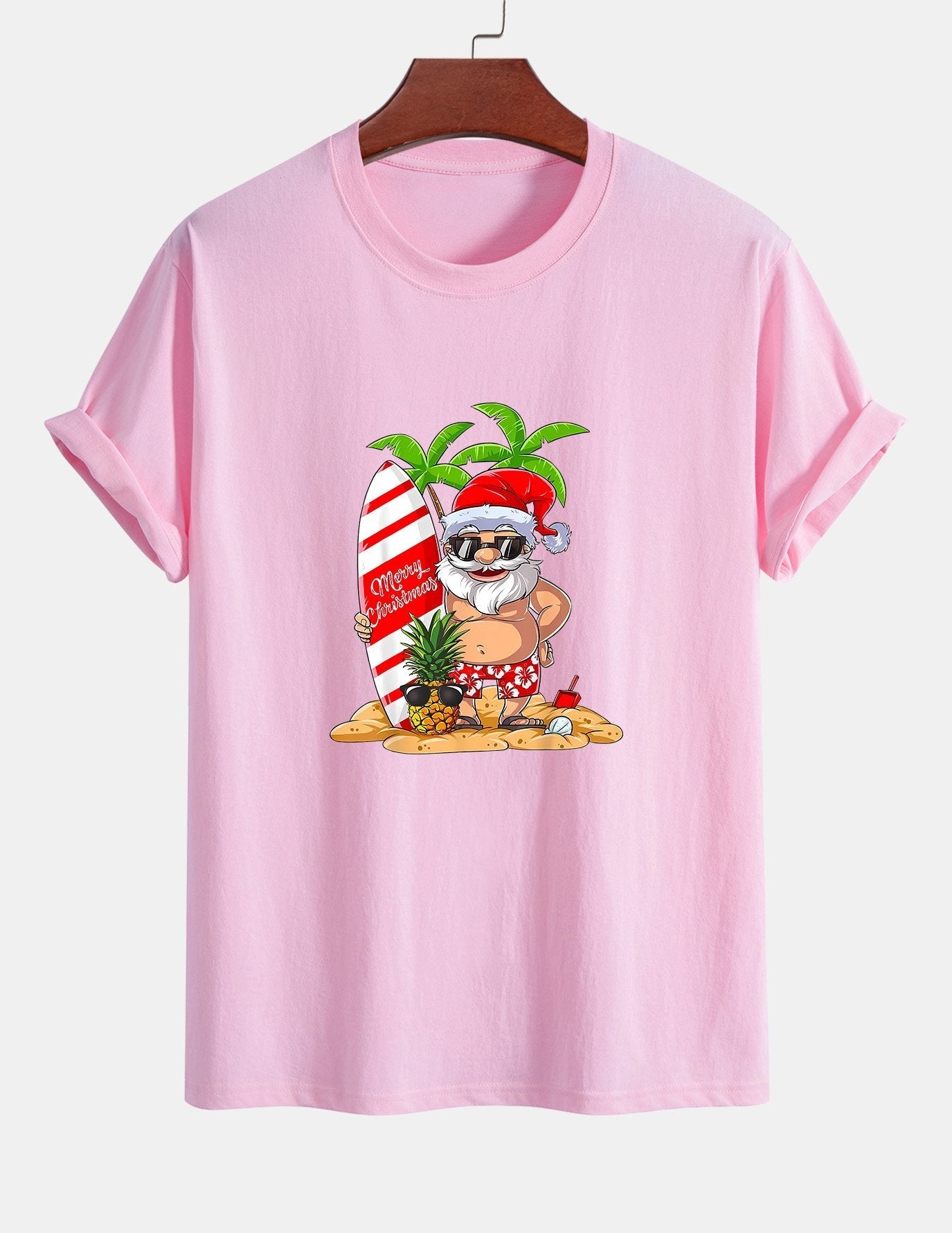 Regular Fit Summer Beach Santa Print Cotton T-Shirt