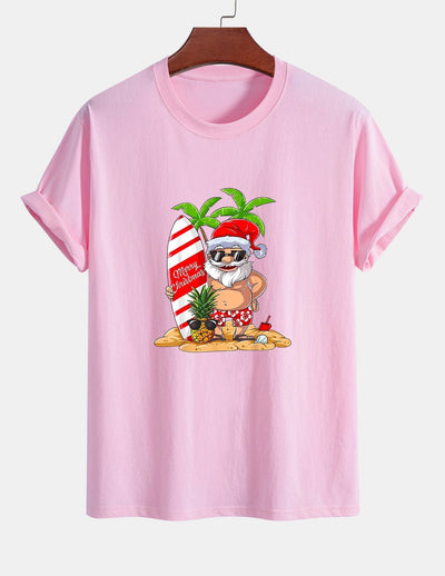 Regular Fit Summer Beach Santa Print Cotton T-Shirt