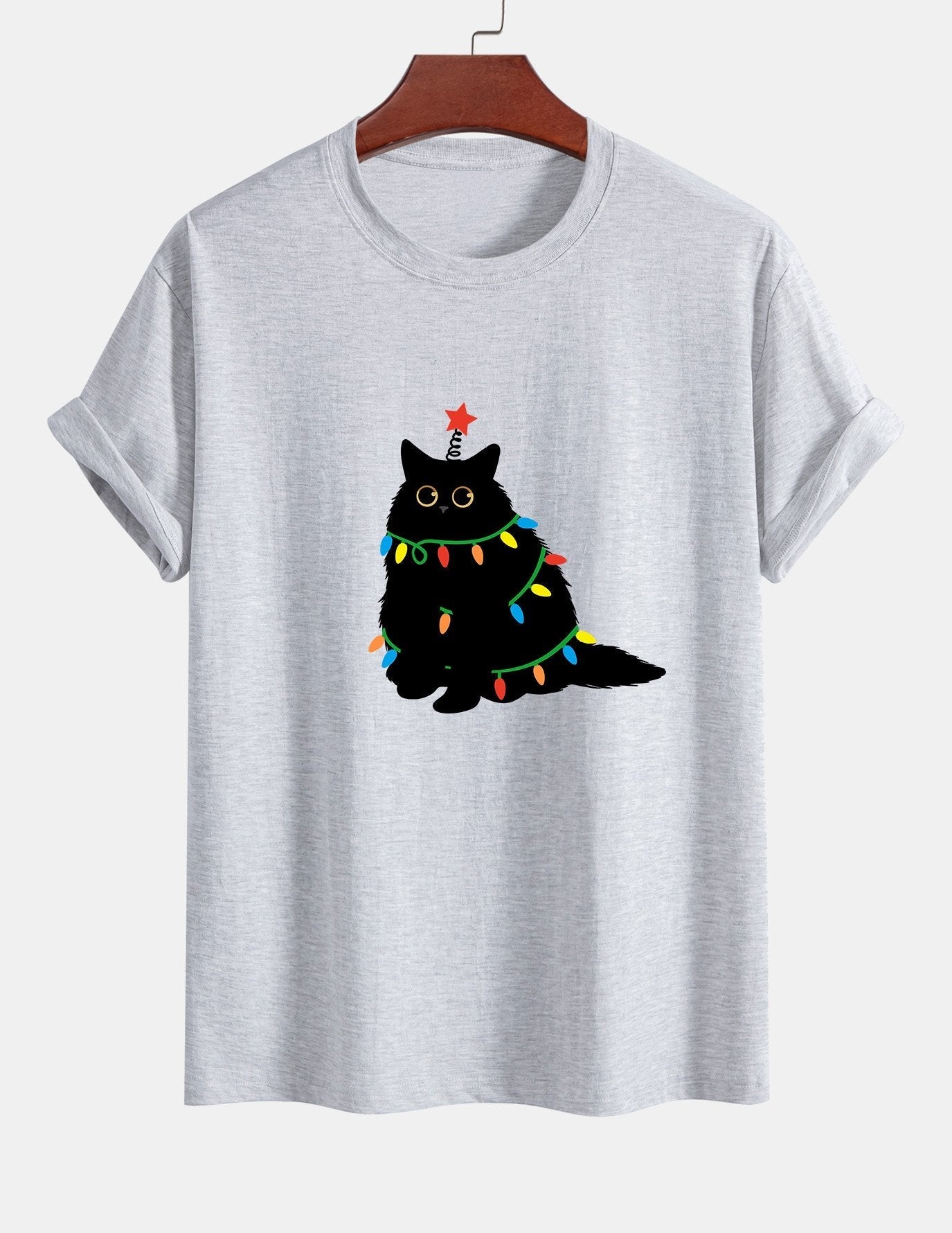 Regular Fit Colorful Light Black Cat Print Cotton T-Shirt
