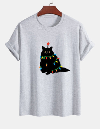 Regular Fit Colorful Light Black Cat Print Cotton T-Shirt