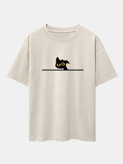 Black Cat In Doubt Print Drop Shoulder Oversize T-Shirt