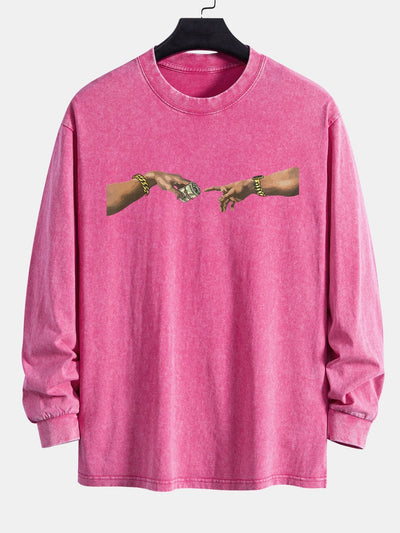 Dollar Hand Print Relax Fit Long Sleeve Washed Distressed T-Shirt