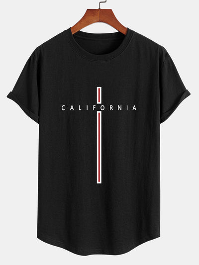 California Stripe Print Cotton Arc Hem T-Shirt