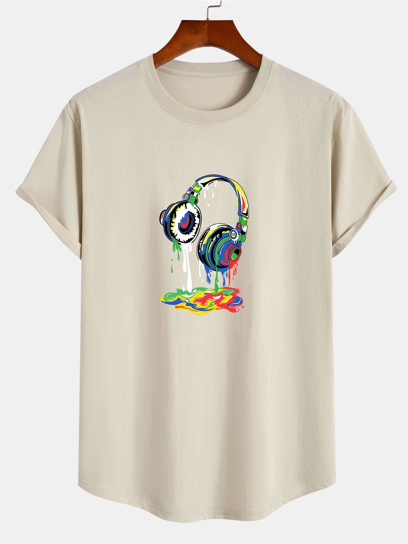 Headphones Graffiti Print Cotton Arc Hem T-Shirt