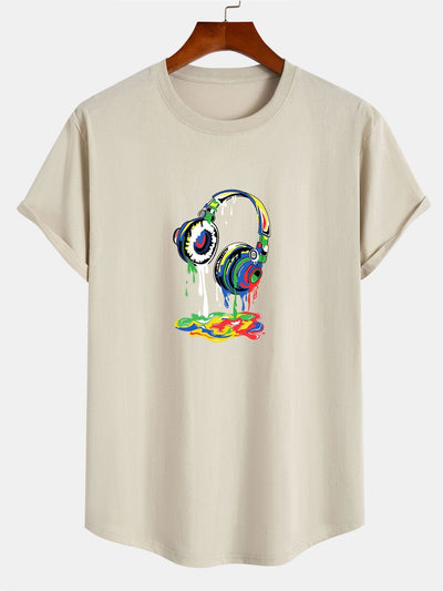 Headphones Graffiti Print Cotton Arc Hem T-Shirt