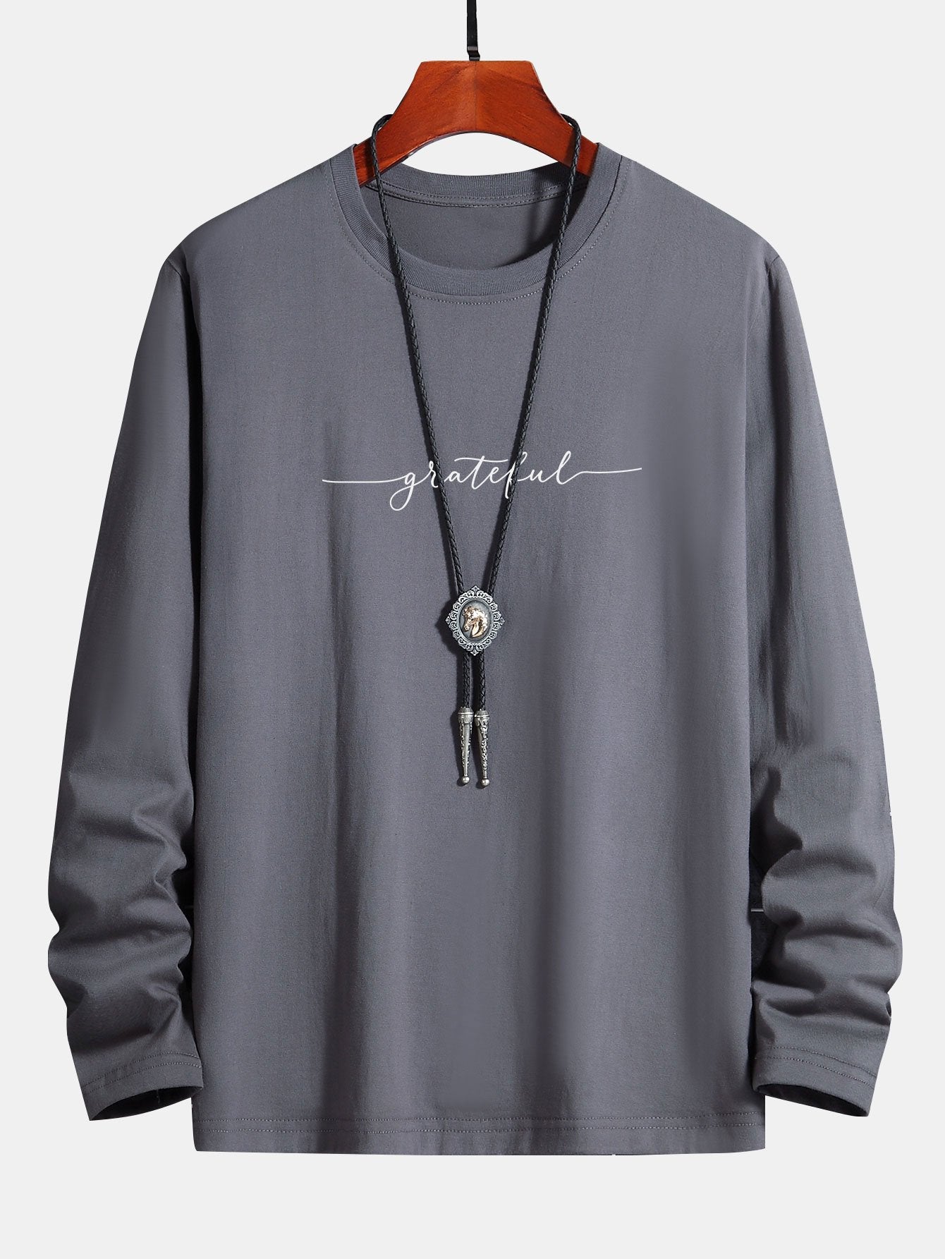 Long Sleeve Grateful Print Cotton T-Shirt