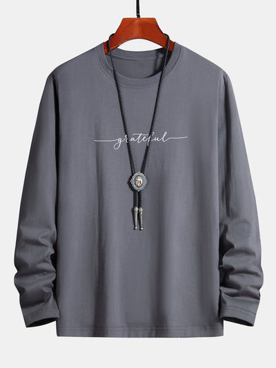 Long Sleeve Grateful Print Cotton T-Shirt