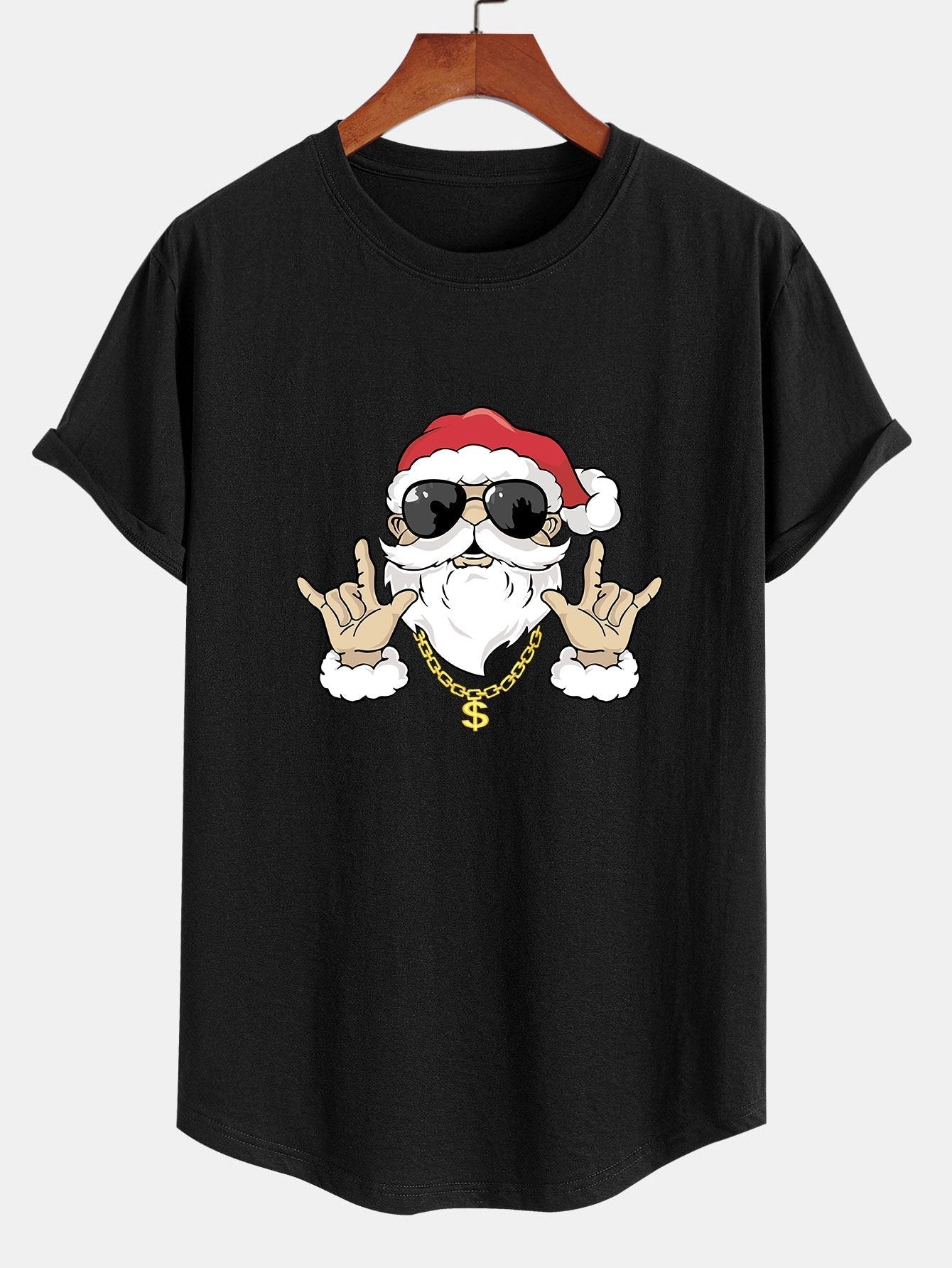 Hip Hop Santa Print Cotton Arc Hem T-Shirt