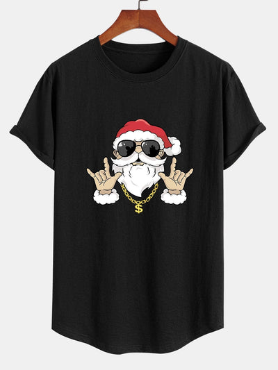 Hip Hop Santa Print Cotton Arc Hem T-Shirt