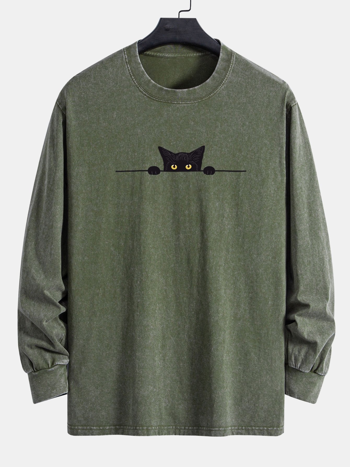 Black Cat Print Relax Fit Long Sleeve Washed Distressed T-Shirt