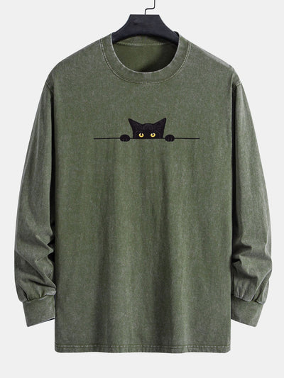 Black Cat Print Relax Fit Long Sleeve Washed Distressed T-Shirt
