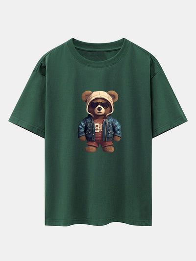 Bear In Leather Jacket Print Drop Shoulder Oversize T-Shirt