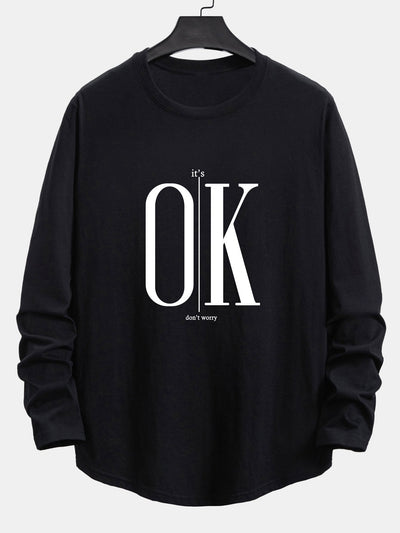 Long Sleeve OK Slogan Print Cotton Arc Hem T-Shirt