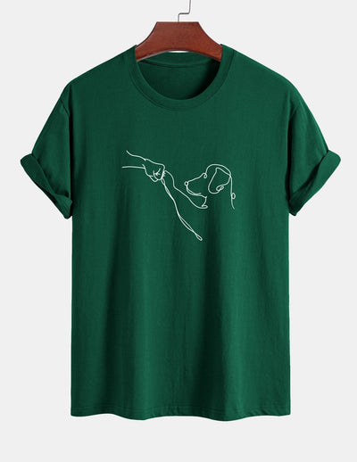 Regular Fit Dog Line Drawing Print Cotton T-Shirt