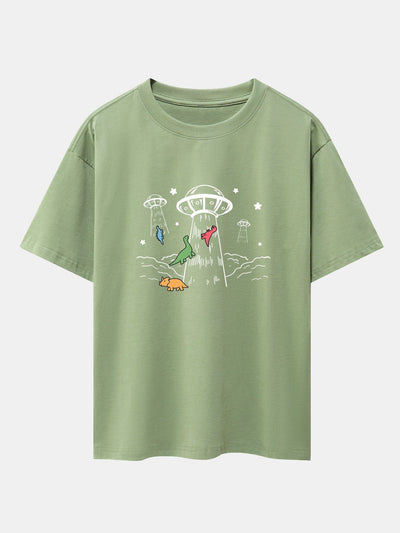 UFO Take Away Dinosaurs Print Drop Shoulder Oversize T-Shirt